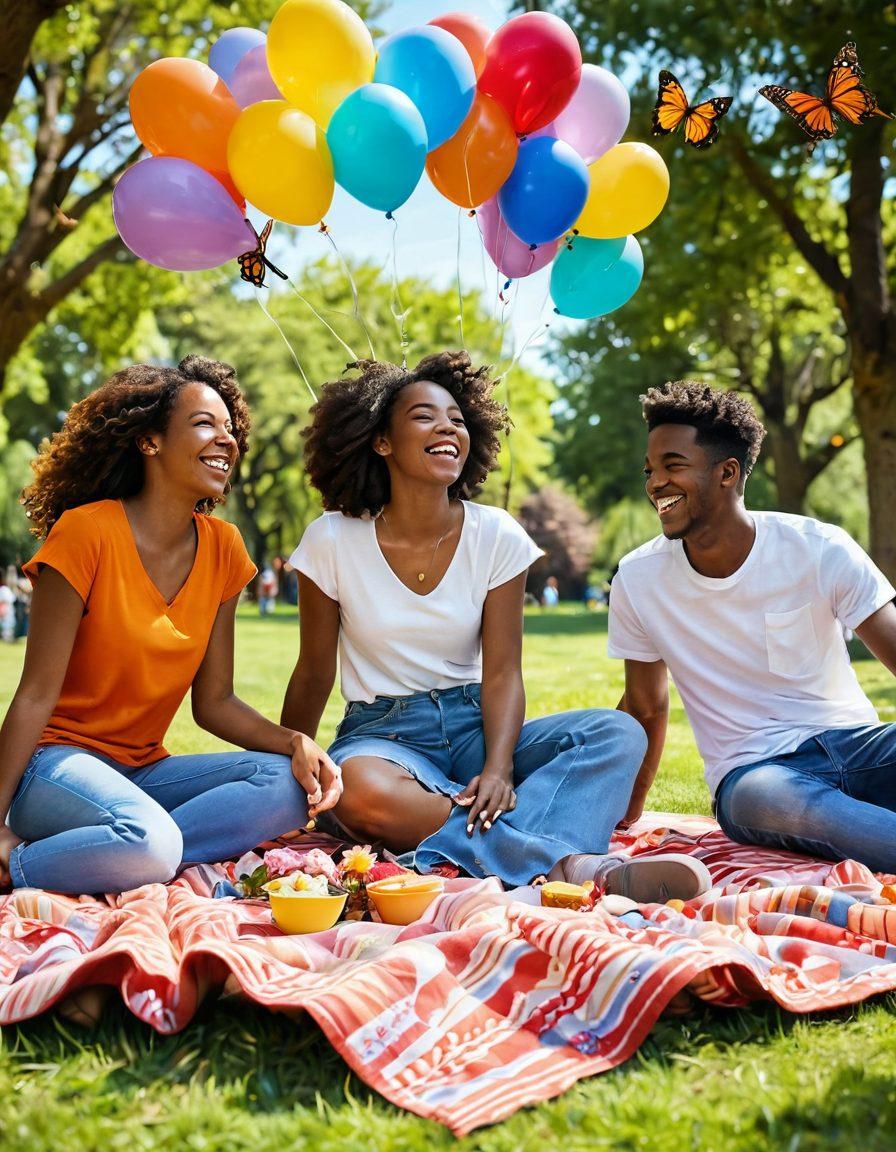 A vibrant scene of diverse friends laughing and sharing joyful moments in a sunny park, surrounded by blooming flowers and colorful butterflies. Their smiles radiate warmth and connection, symbolizing the enrichment of life through friendship. Include playful elements like a picnic blanket and cheerful balloons in the background. super-realistic. vibrant colors. natural setting.