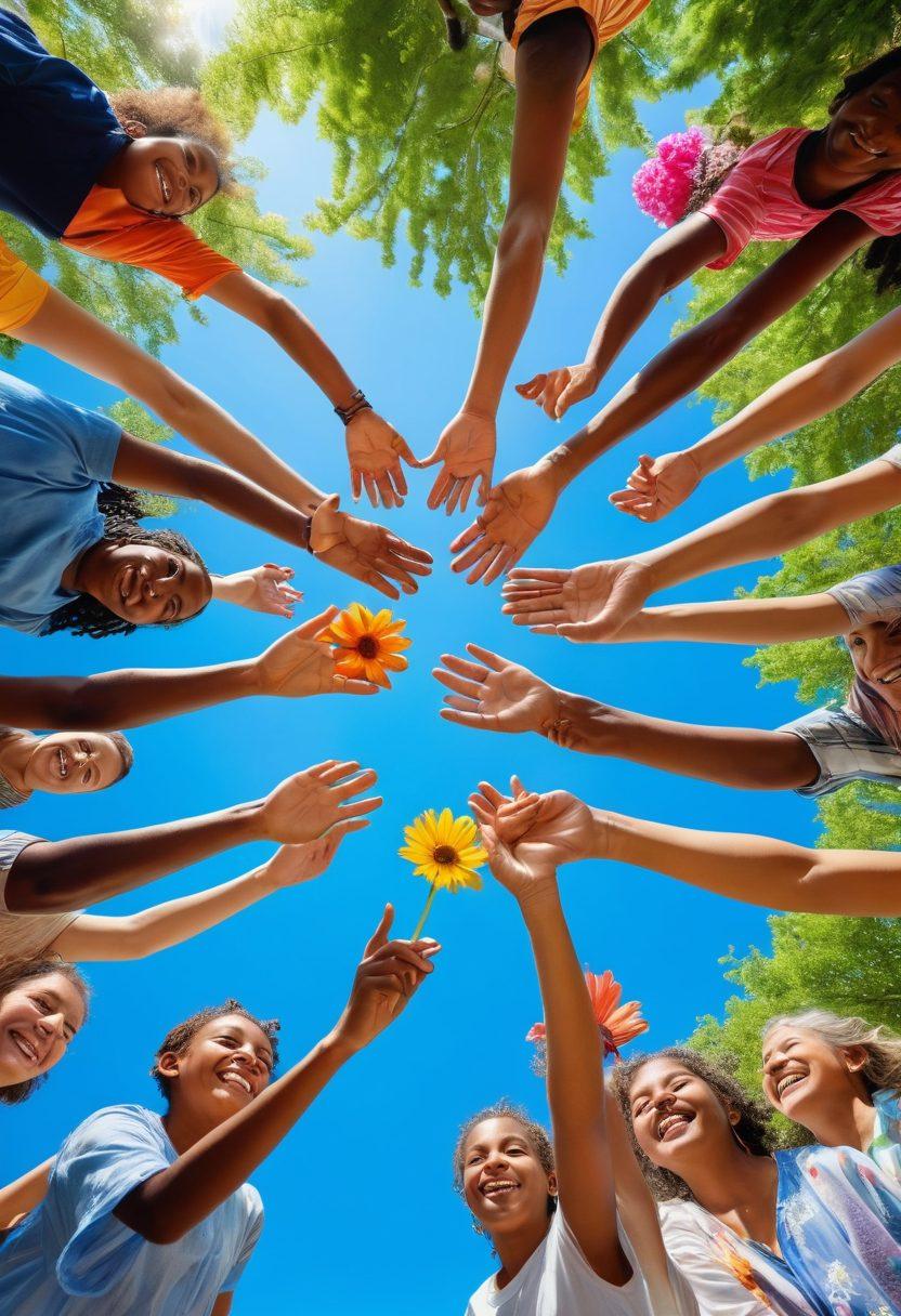 A vibrant community gathering in a sunny park, where diverse people of all ages are sharing laughter, food, and activities together, surrounded by colorful flowers and greenery. Children play while adults engage in meaningful conversations, portraying a sense of unity and joy. The scene radiates positivity, symbolizing the strength of togetherness in building a blissful community. super-realistic. vibrant colors. clear blue sky.