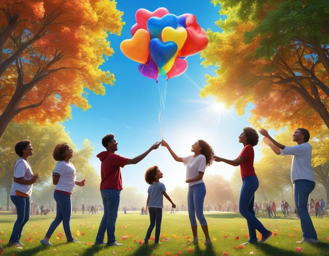 A vibrant scene depicting a diverse group of people joyfully engaging in community activities, sharing conversations, and laughter in a sunlit park. Elements of connection such as heart-shaped balloons and interlinked hands emphasize the strength of positive bonds. Include colorful flowers and a bright blue sky to evoke feelings of elation and satisfaction. super-realistic. vibrant colors. 3D.